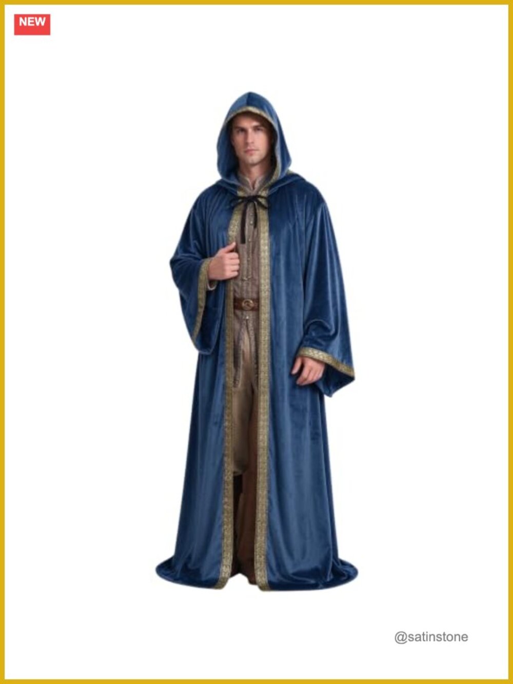 Unisex Velvet Hooded Wizard Robe Medieval Cloak Gold Trim LARP Cosplay